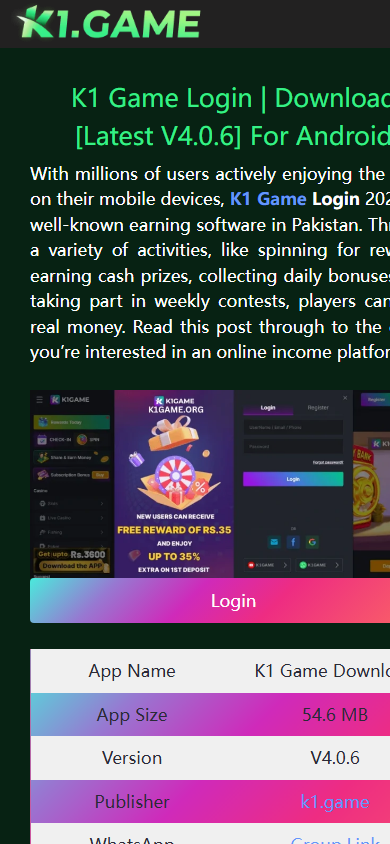 K1 Game public login page with version and app size table